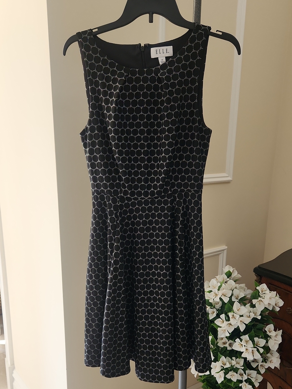 ELLE Black Geometric Sleeveless Fit-and-Flare Dress w/Dotted Grid. FlouncySkater